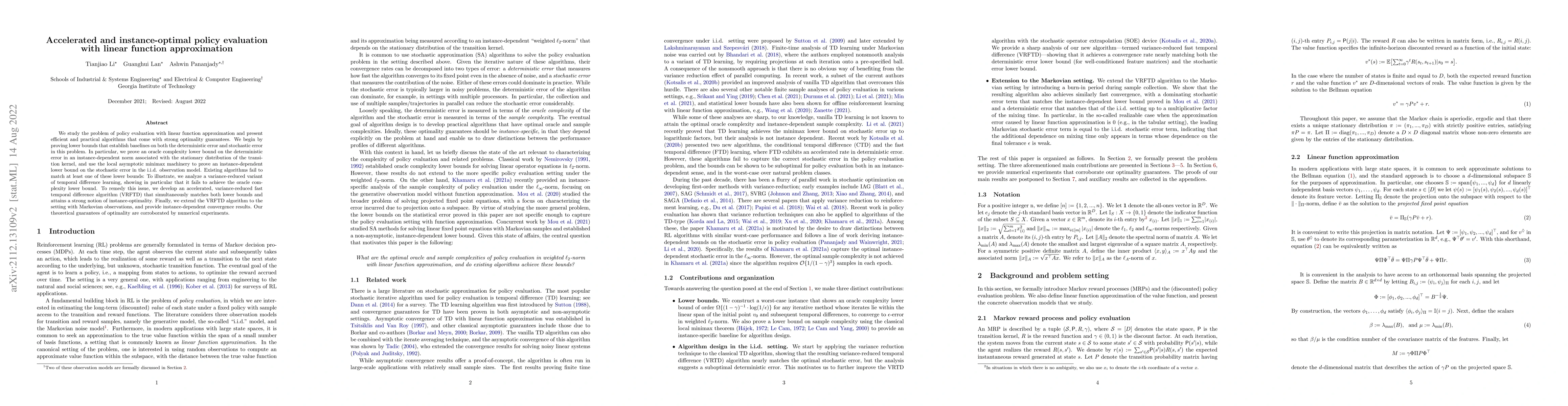 Thumbnail for Accelerated and instance-optimal policy evaluation with linear function
  approximation
