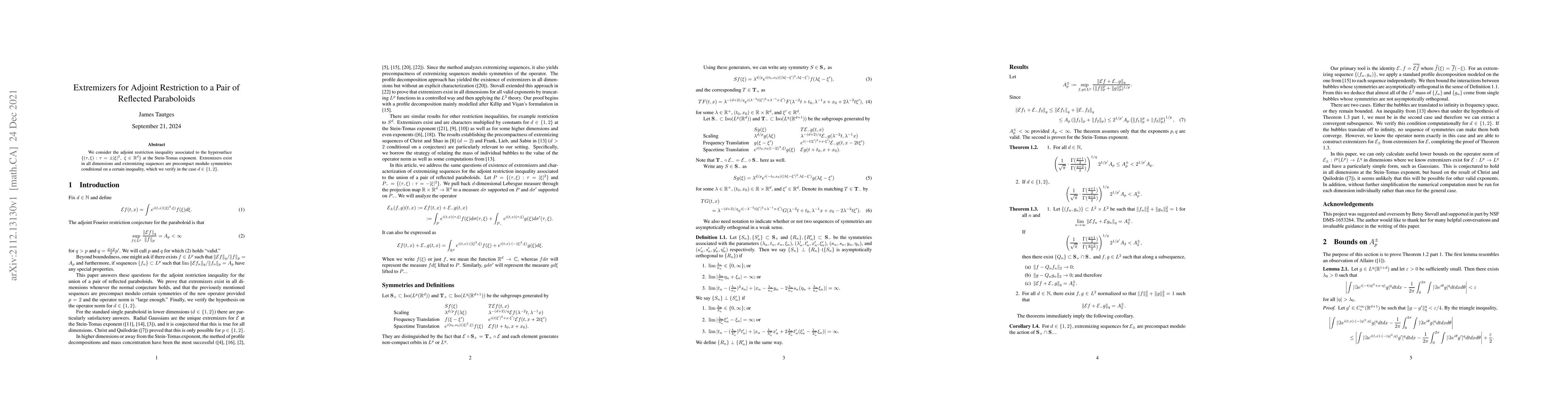 Thumbnail for Extremizers for Adjoint Restriction to a Pair of Reflected Paraboloids