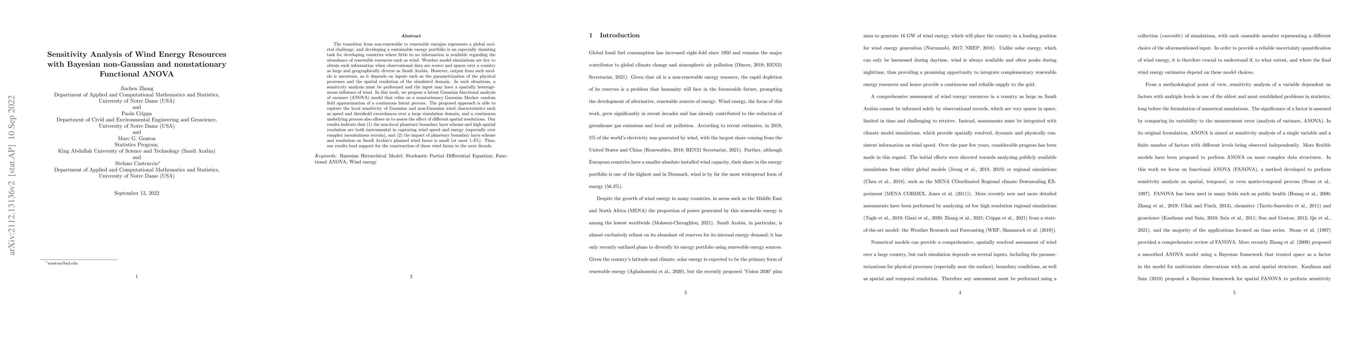 Thumbnail for Sensitivity Analysis of Wind Energy Resources with Bayesian non-Gaussian
  and nonstationary Functional ANOVA