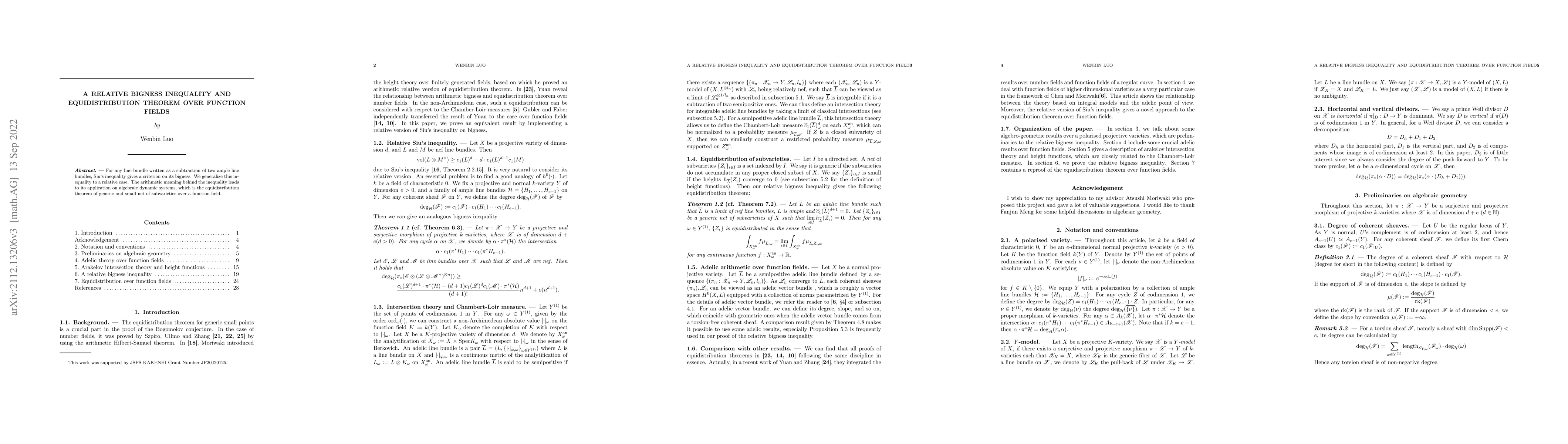 Thumbnail for A relative bigness inequality and equidistribution theorem over function
  fields