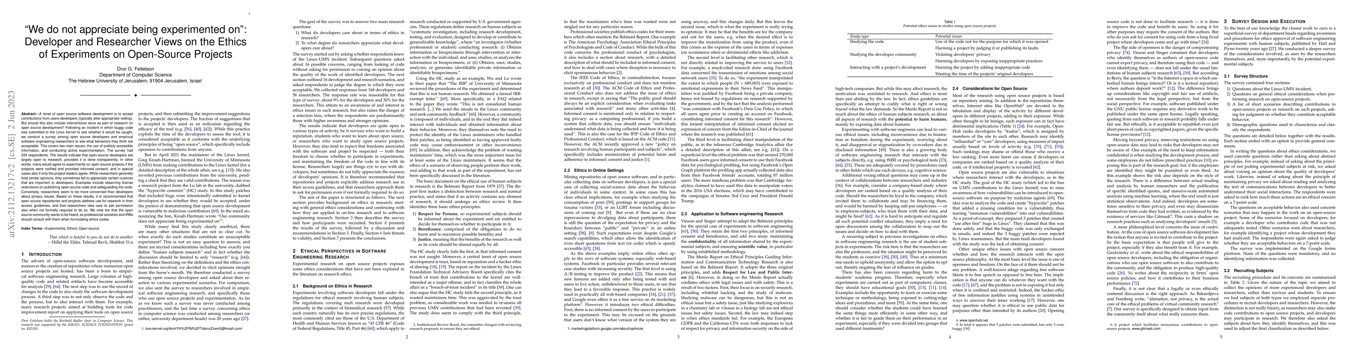 Thumbnail for "We do not appreciate being experimented on": Developer and Researcher
  Views on the Ethics of Experiments on Open-Source Projects
