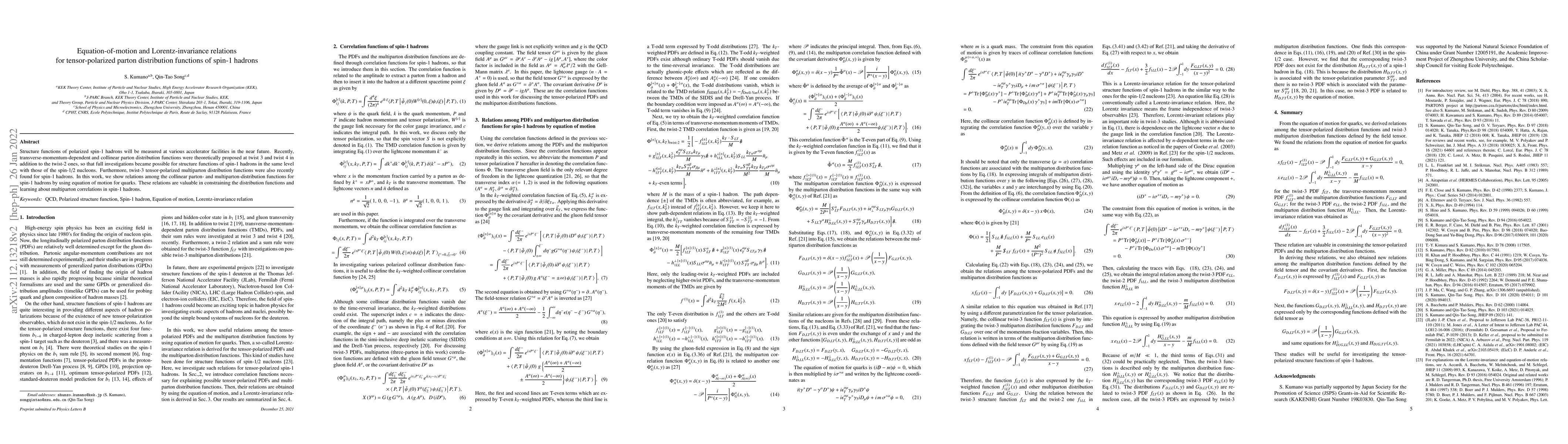 Thumbnail for Equation-of-motion and Lorentz-invariance relations for tensor-polarized
  parton distribution functions of spin-1 hadrons
