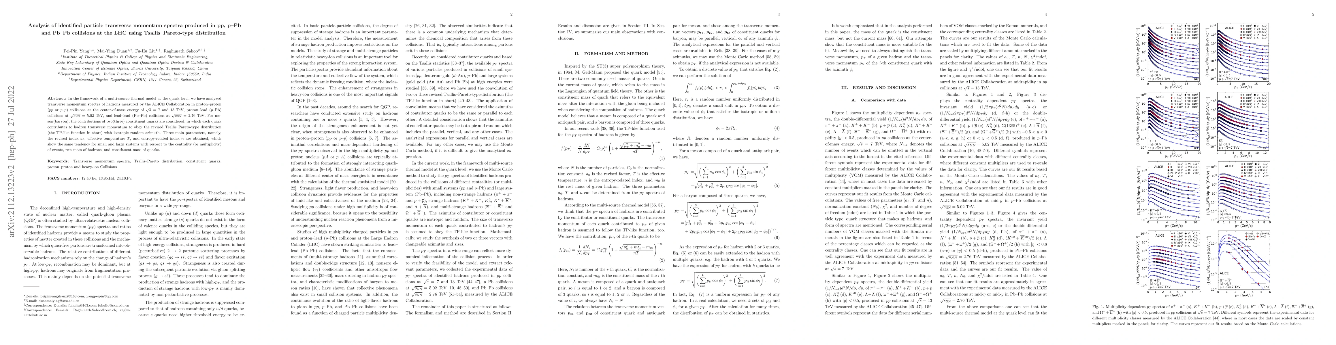 Thumbnail for Analysis of identified particle transverse momentum spectra produced in
  pp, p--Pb and Pb--Pb collisions at the LHC using Tsallis--Pareto-type
  function