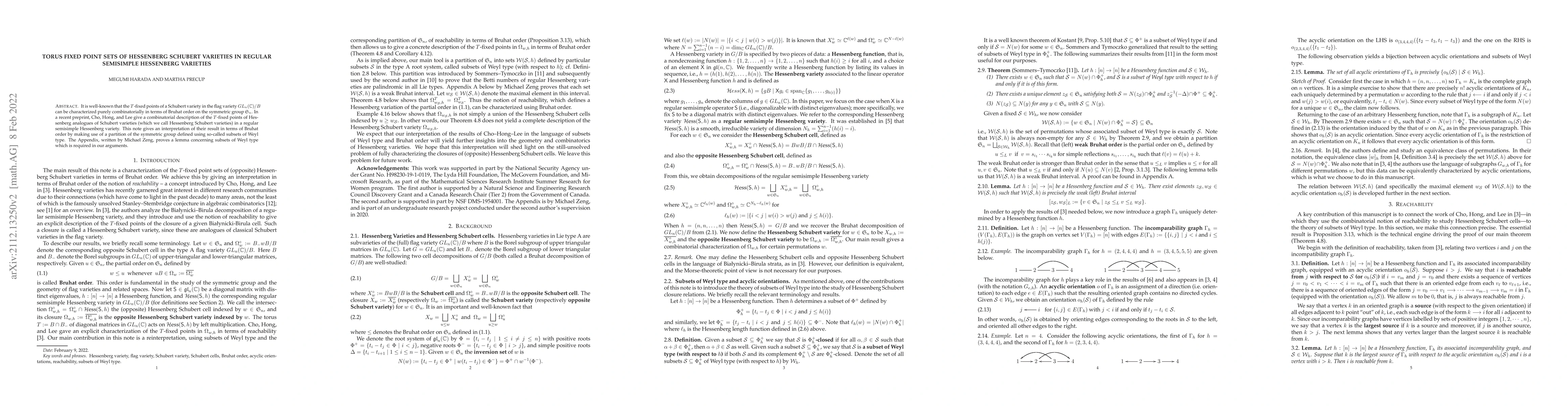 Thumbnail for Torus fixed point sets of Hessenberg Schubert varieties in regular
  semisimple Hessenberg varieties