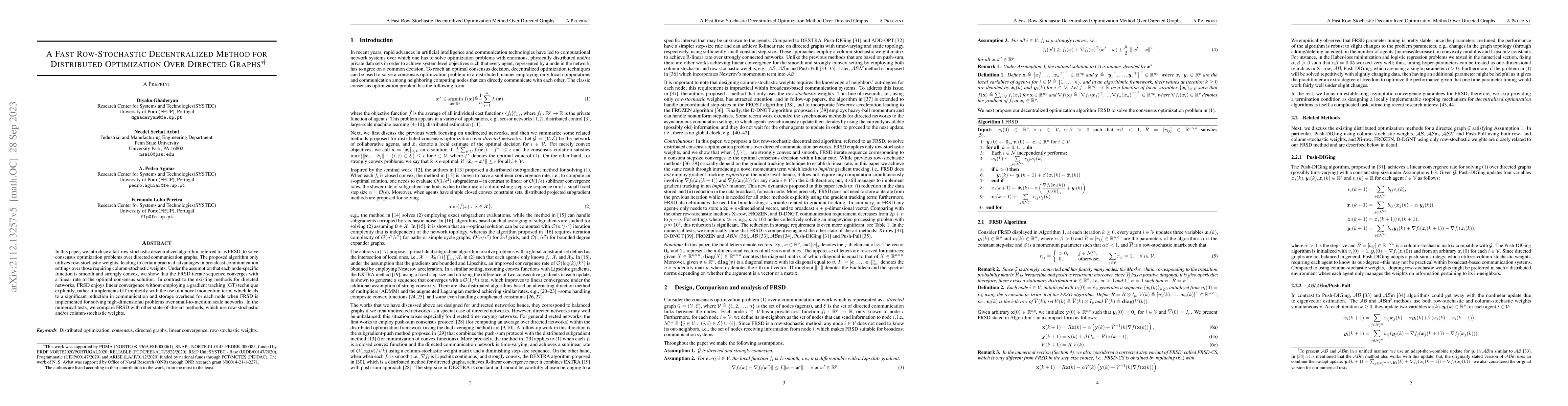 Thumbnail for A Fast Row-Stochastic Decentralized Method for Distributed Optimization
  Over Directed Graphs