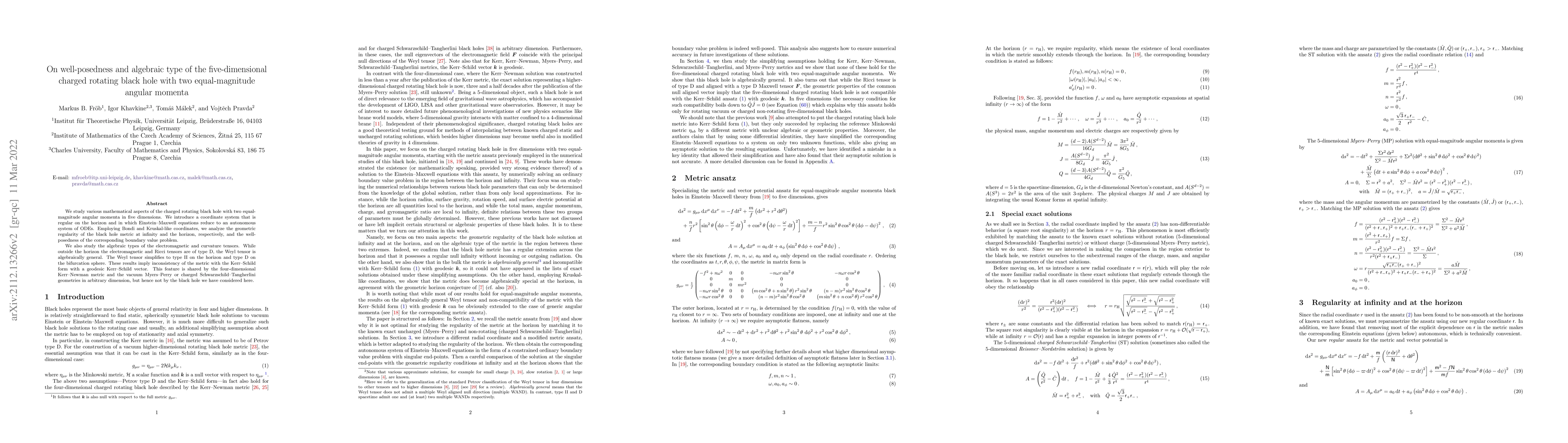 Thumbnail for On well-posedness and algebraic type of the five-dimensional charged
  rotating black hole with two equal-magnitude angular momenta