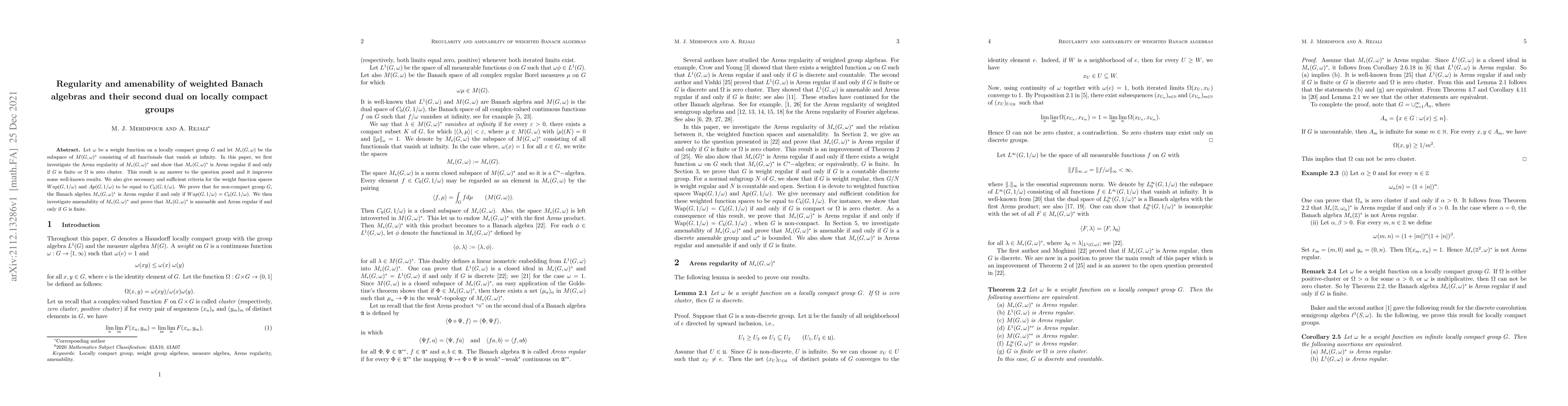 Thumbnail for Regularity and amenability of weighted Banach algebras and their second
  dual on locally compact groups