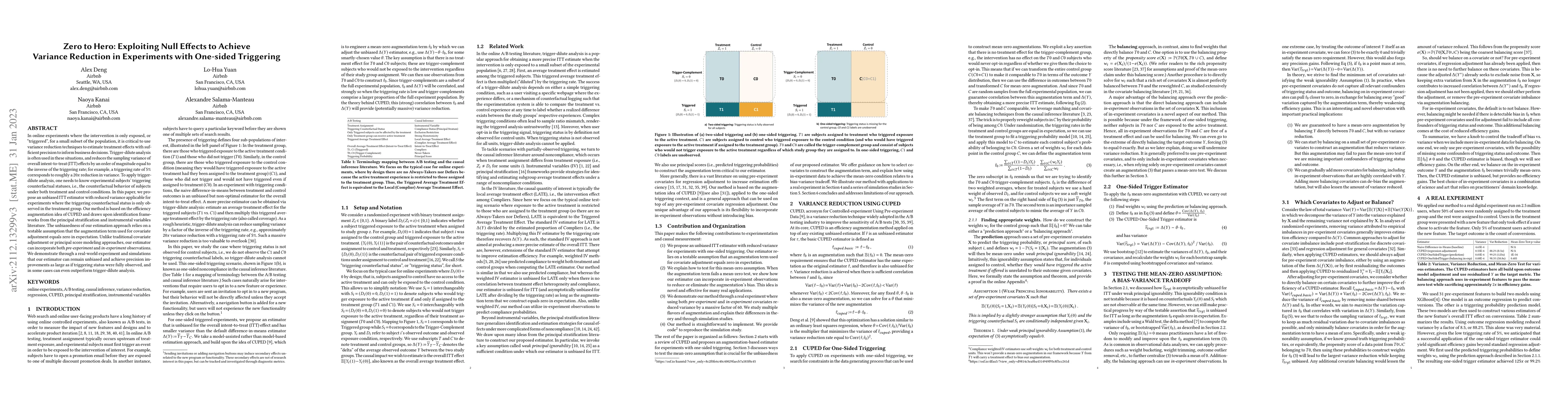 Thumbnail for Zero to Hero: Exploiting Null Effects to Achieve Variance Reduction in
  Experiments with One-sided Triggering