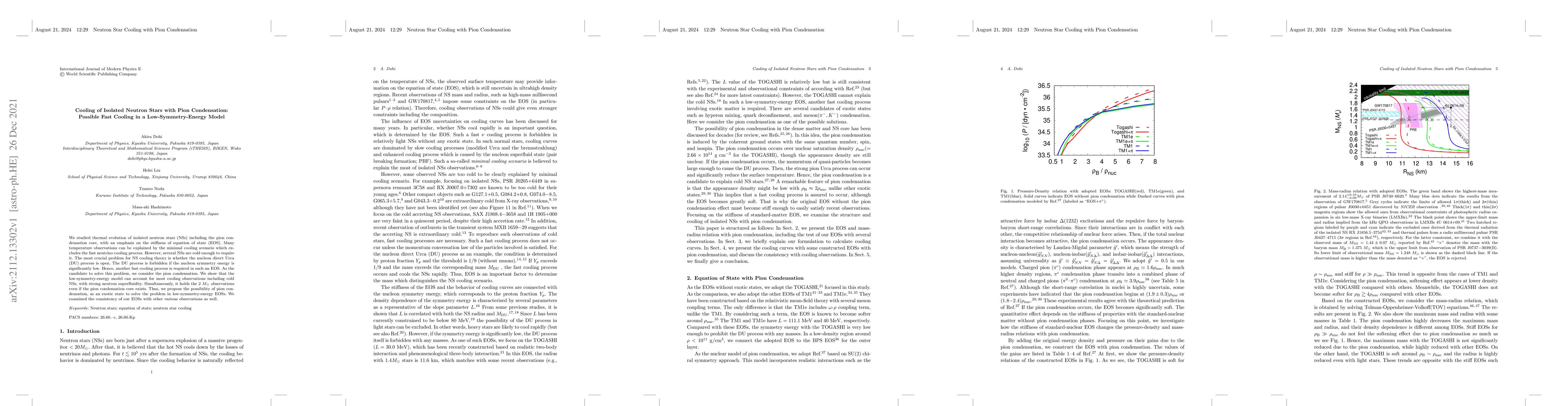Thumbnail for Cooling of Isolated Neutron Stars with Pion Condensation: Possible Fast
  Cooling in a Low-Symmetry-Energy Model