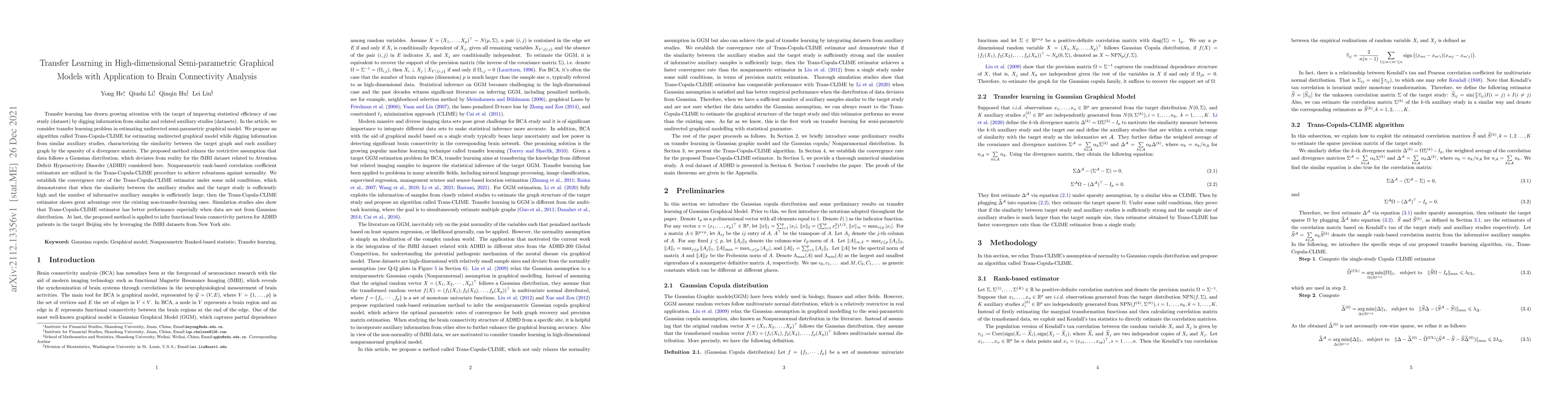 Thumbnail for Transfer Learning in High-dimensional Semi-parametric Graphical Models
  with Application to Brain Connectivity Analysis