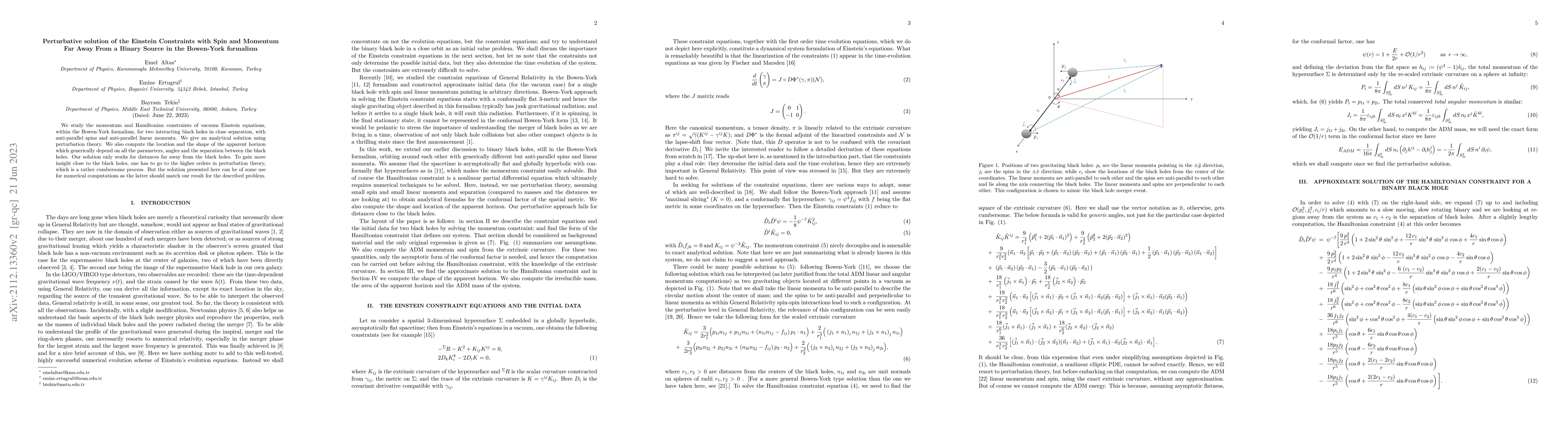 Thumbnail for Perturbative solution of the Einstein Constraints with Spin and Momentum
  Far Away From a Binary Source in the Bowen-York formalism