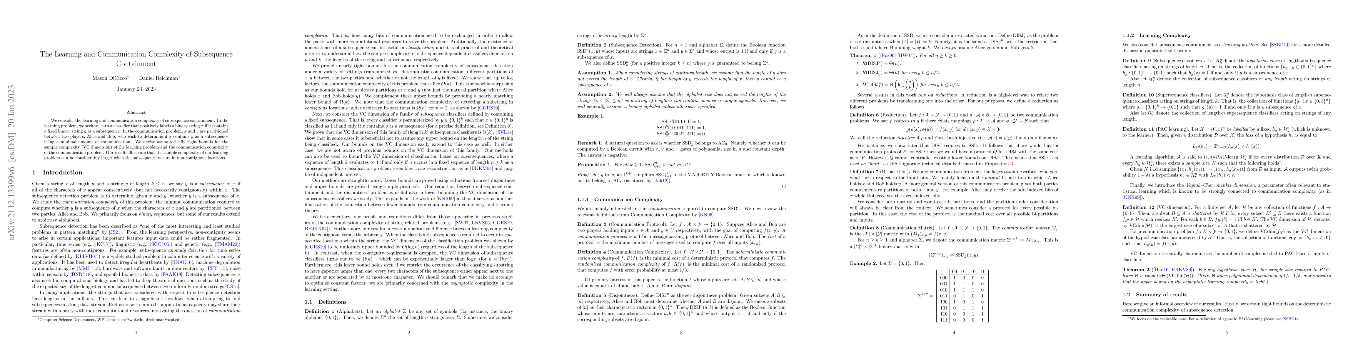 Thumbnail for The Learning and Communication Complexity of Subsequence Containment