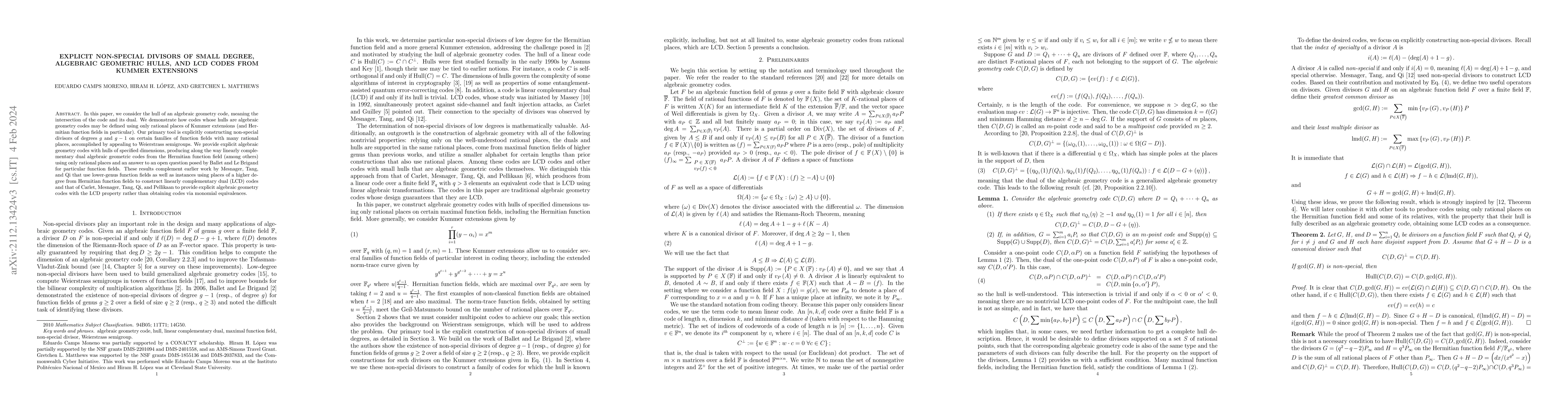 Thumbnail for Explicit non-special divisors of small degree, algebraic geometric
  hulls, and LCD codes from Kummer extensions