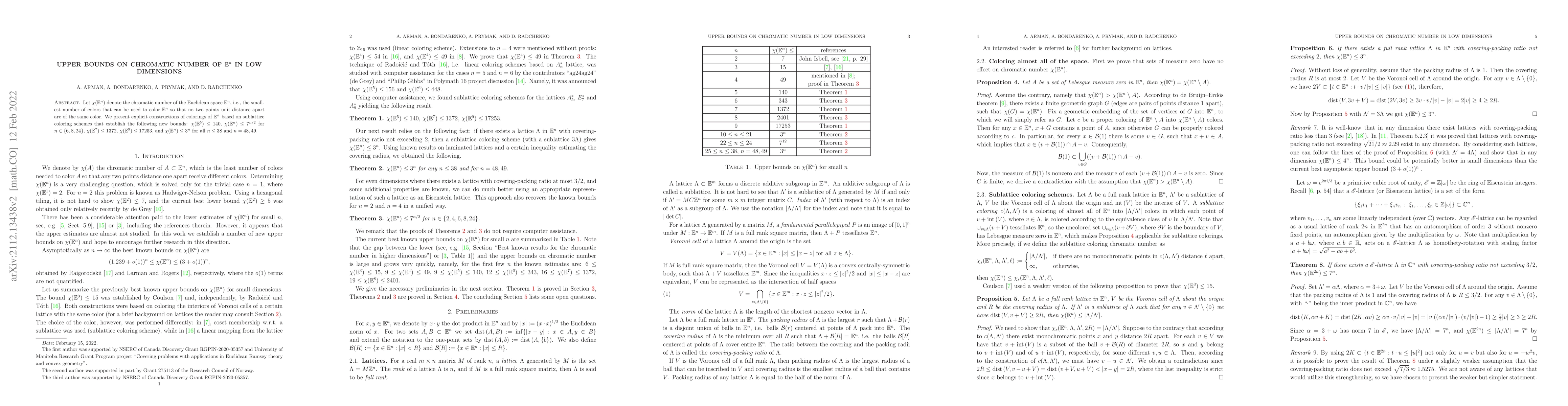 Thumbnail for Upper bounds on chromatic number of $\mathbb{E}^n$ in low dimensions