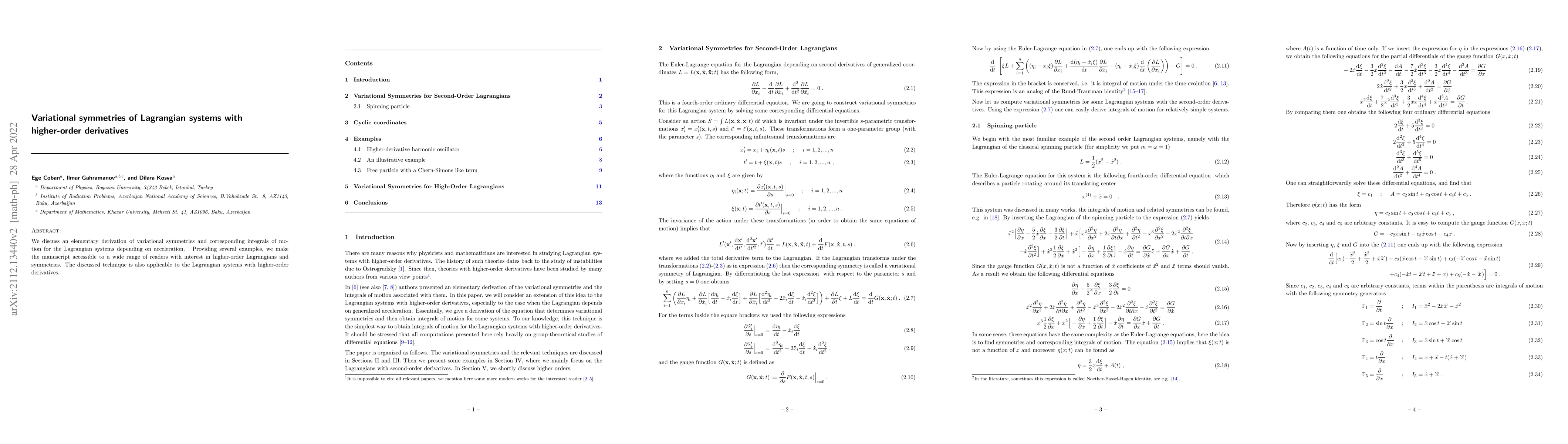Thumbnail for Variational symmetries of Lagrangian systems with higher-order
  derivatives