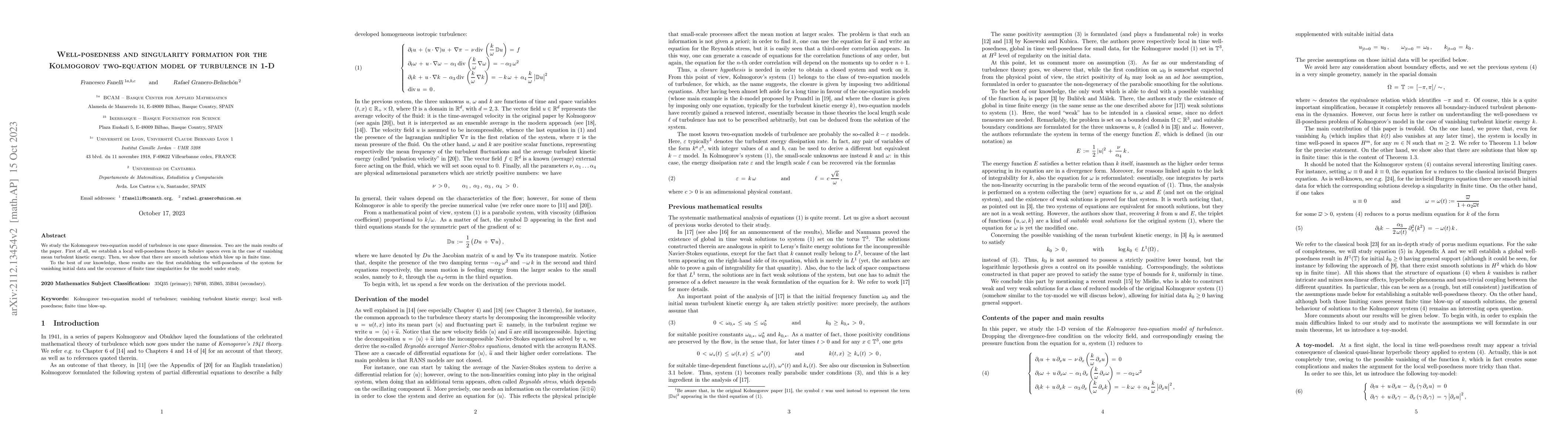 Thumbnail for Well-posedness and singularity formation for the Kolmogorov two-equation
  model of turbulence in 1-D