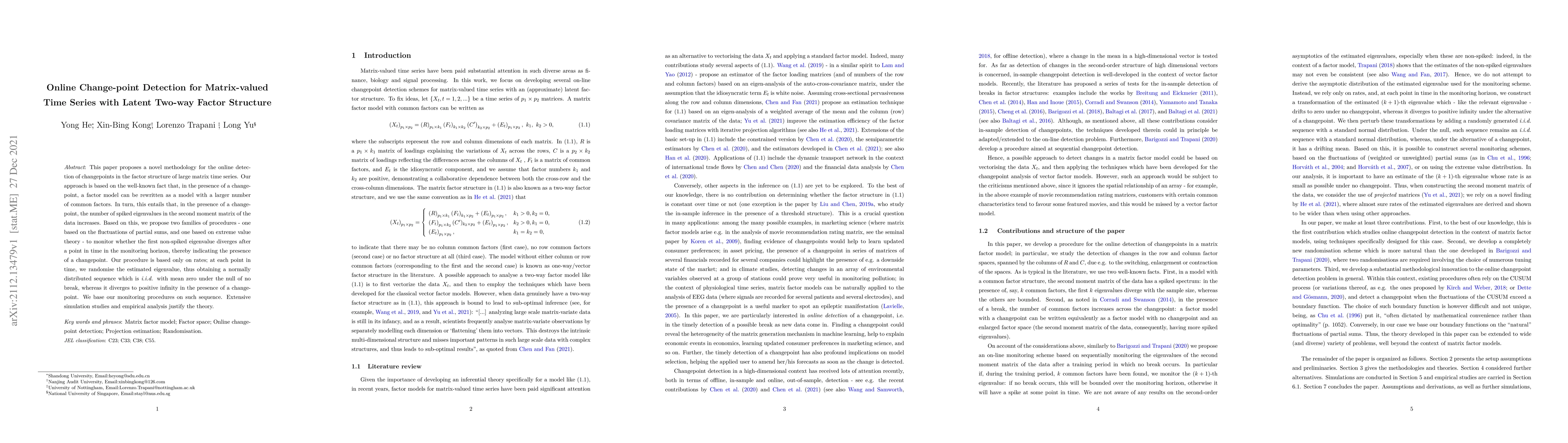 Thumbnail for Online Change-point Detection for Matrix-valued Time Series with Latent
  Two-way Factor Structure