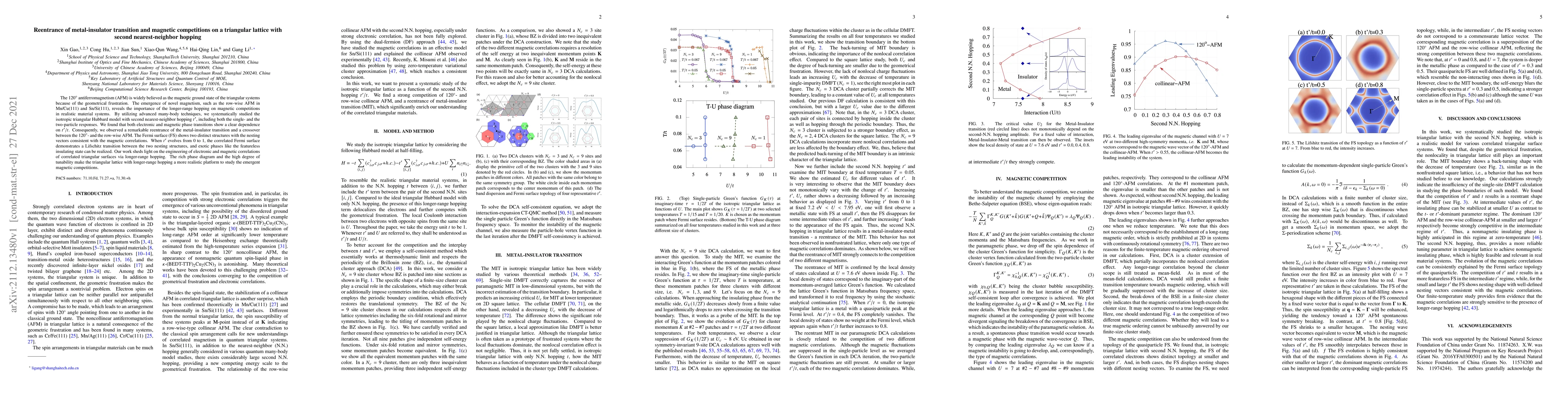 Thumbnail for Reentrance of metal-insulator transition and magnetic competitions on a
  triangular lattice with second nearest-neighbor hopping