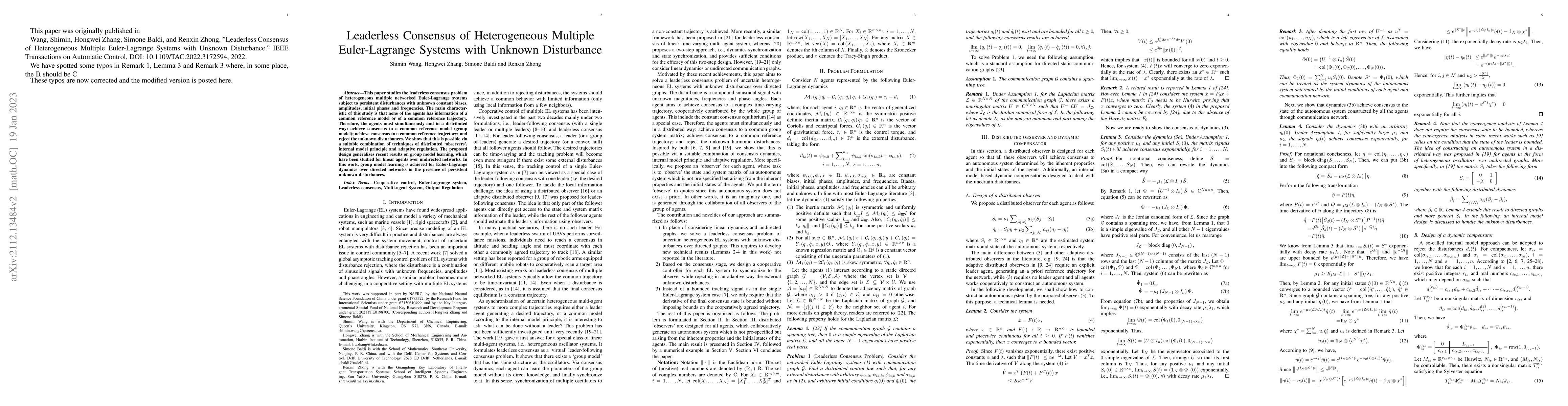 Thumbnail for Leaderless Consensus of Heterogeneous Multiple Euler-Lagrange Systems
  with Unknown Disturbance