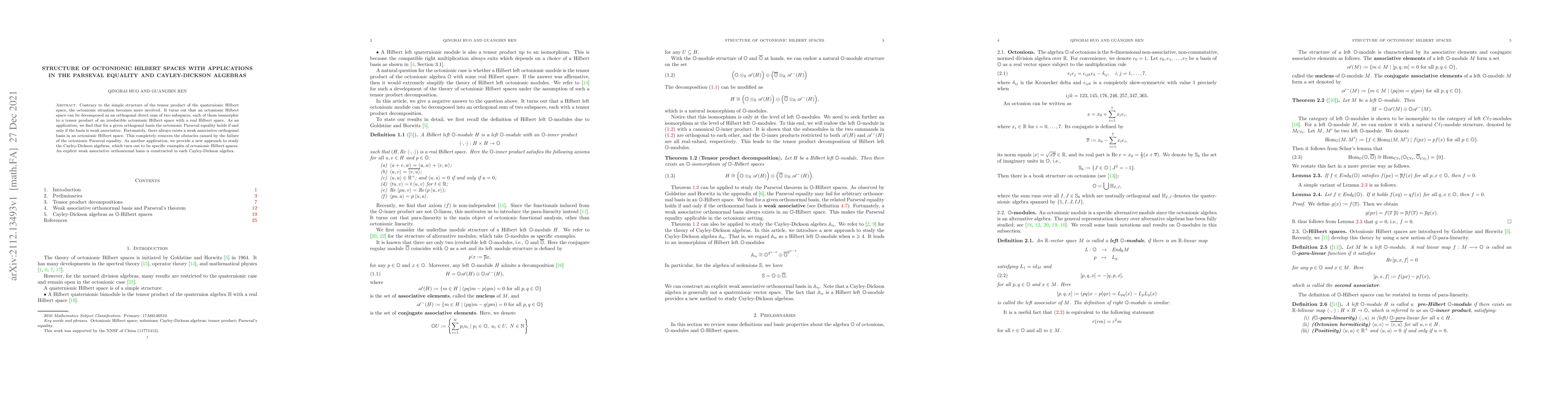 Thumbnail for Structure of octonionic Hilbert spaces with applications in the Parseval
  equality and Cayley-Dickson algebras
