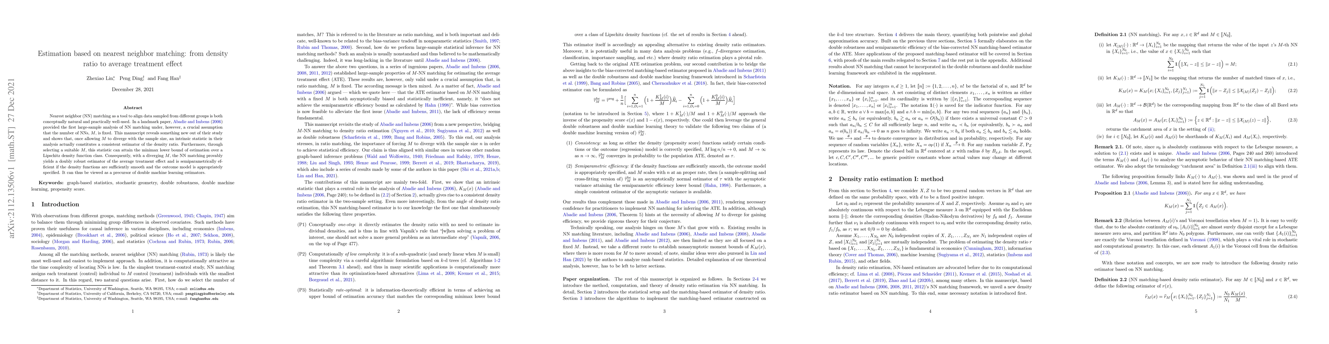 Thumbnail for Estimation based on nearest neighbor matching: from density ratio to
  average treatment effect
