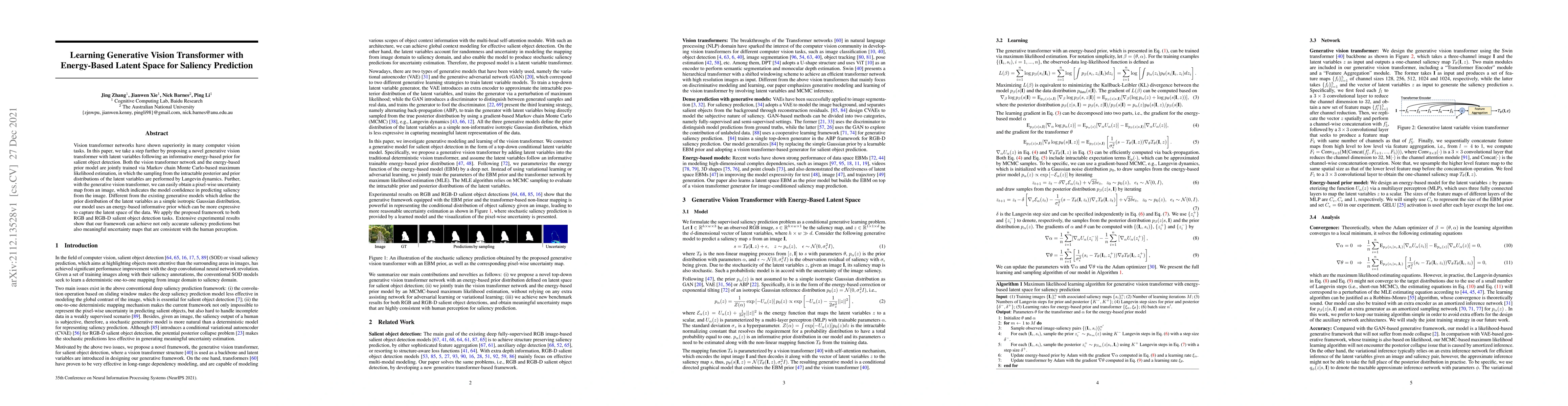 Thumbnail for Learning Generative Vision Transformer with Energy-Based Latent Space
  for Saliency Prediction