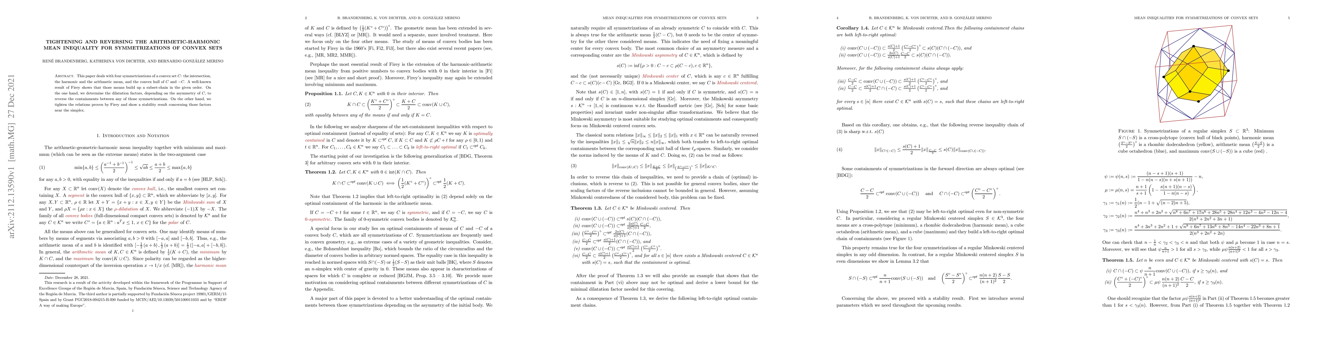 Thumbnail for Tightening and reversing the arithmetic-harmonic mean inequality for
  symmetrizations of convex sets