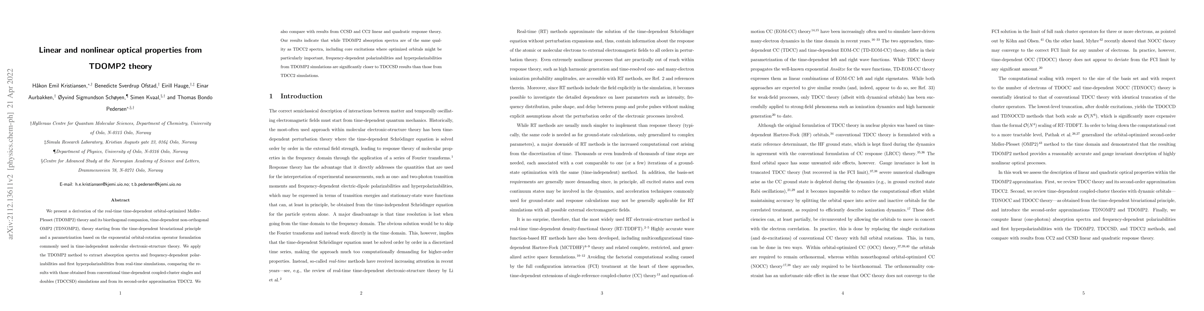 Thumbnail for Linear and nonlinear optical properties from TDOMP2 theory
