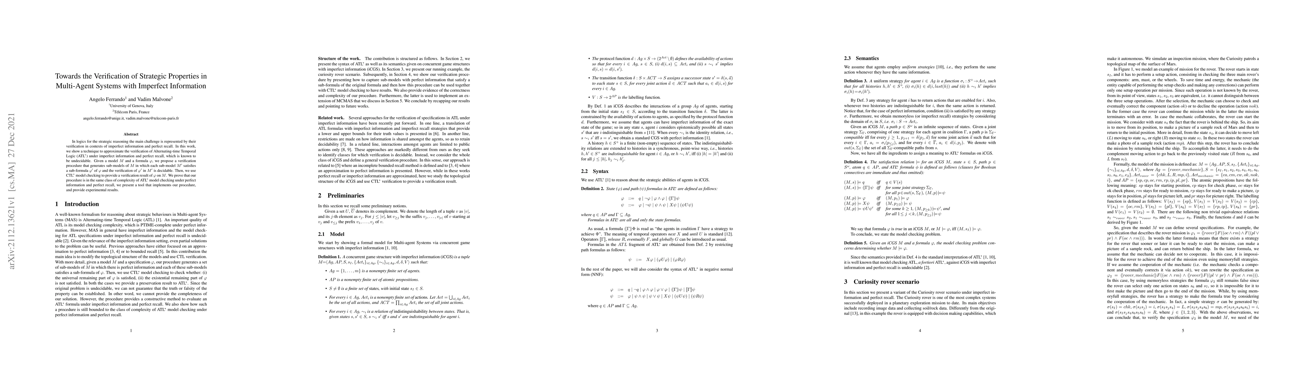 Thumbnail for Towards the Verification of Strategic Properties in Multi-Agent Systems
  with Imperfect Information