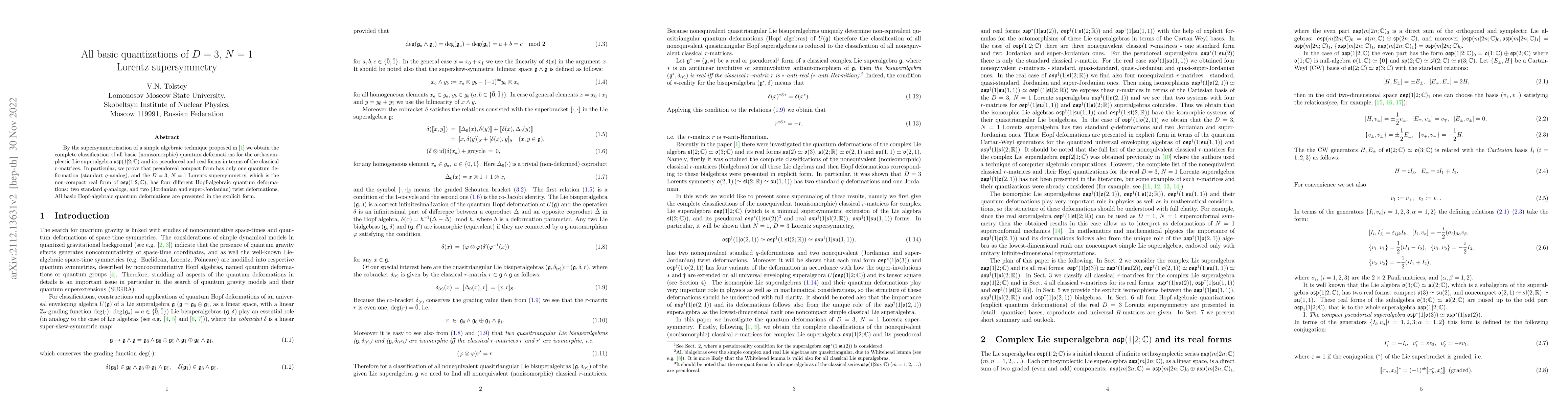 Thumbnail for All basic quantizations of $D=3$, $N=1$ Lorentz supersymmetry