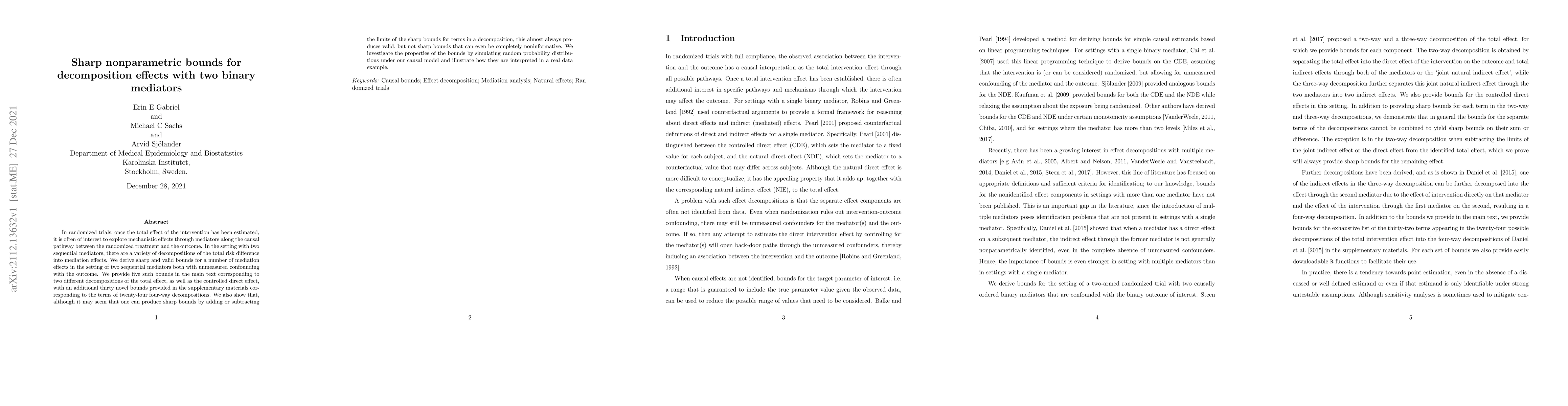 Thumbnail for Sharp nonparametric bounds for decomposition effects with two binary
  mediators