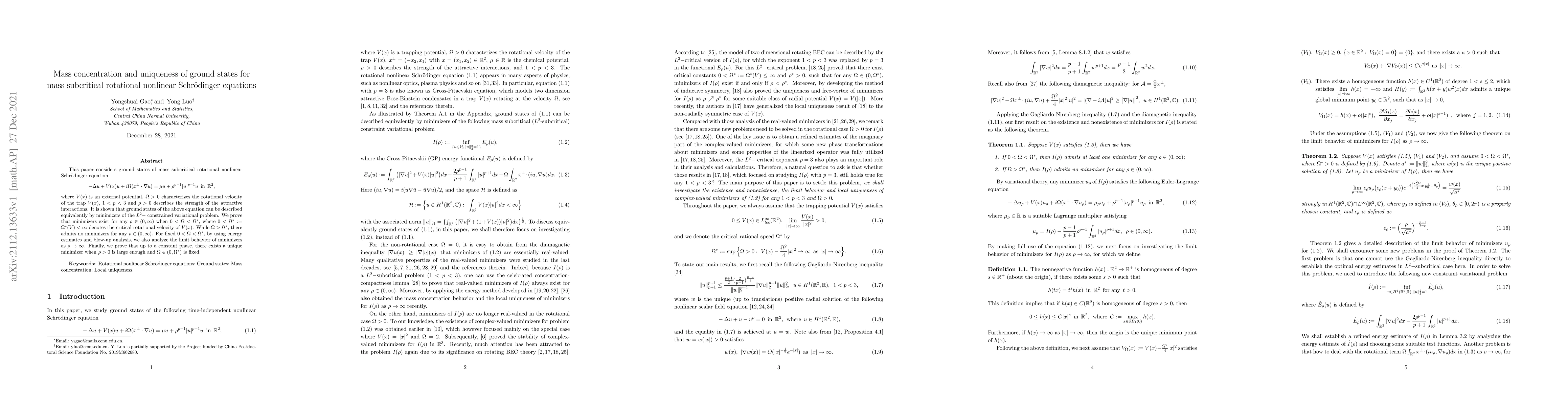 Thumbnail for Mass concentration and uniqueness of ground states for mass subcritical
  rotational nonlinear Schr\"{o}dinger equations