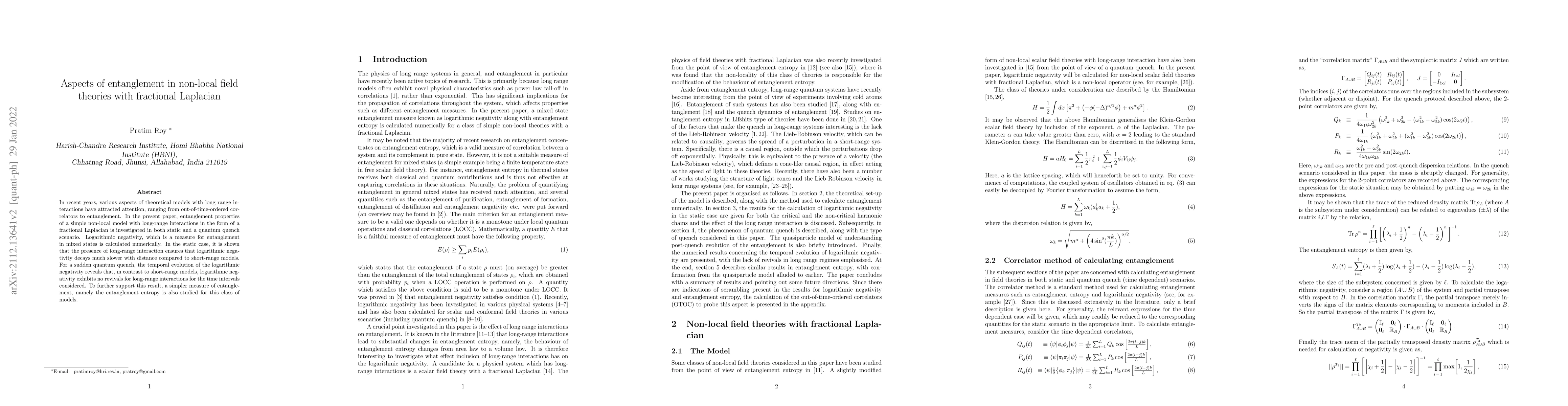 Thumbnail for Aspects of entanglement in non-local field theories with fractional
  Laplacian