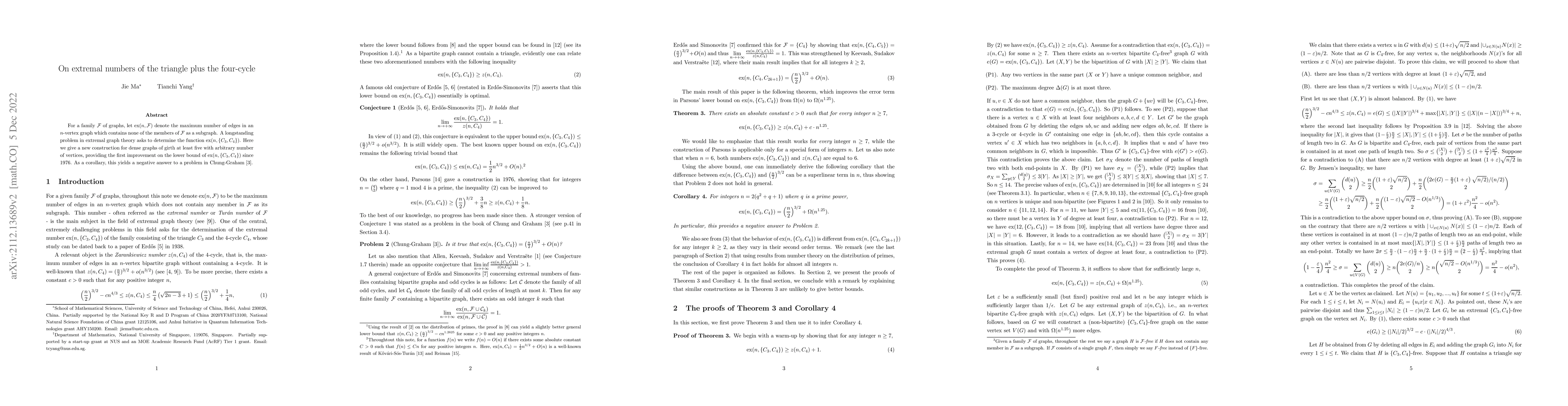 Thumbnail for On extremal numbers of the triangle plus the four-cycle