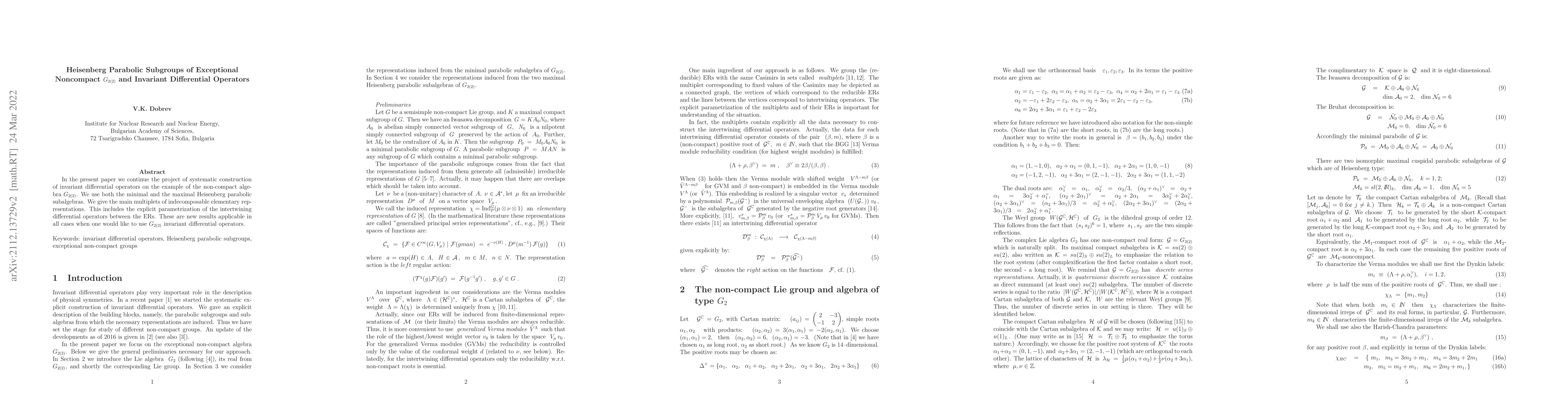 Thumbnail for Heisenberg Parabolic Subgroups of Exceptional Noncompact $G_{2(2)}$ and
  Invariant Differential Operators