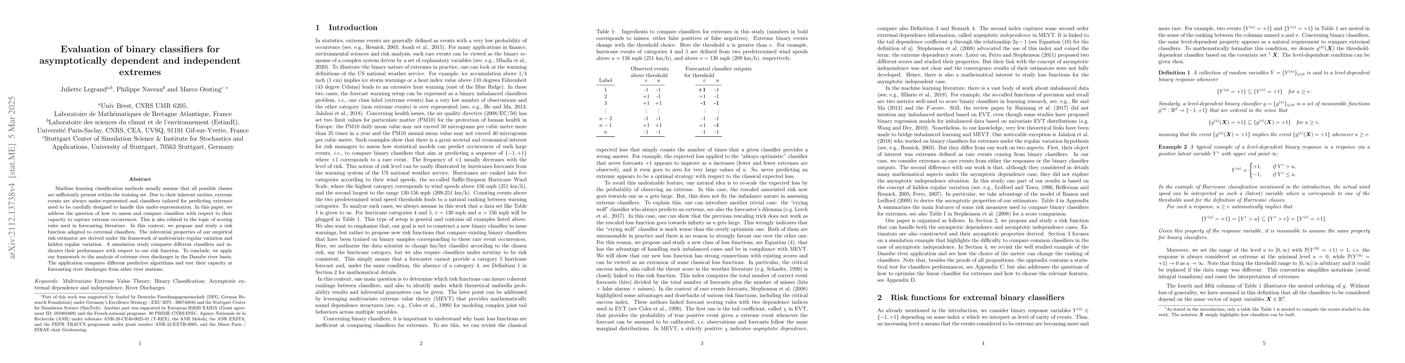 Thumbnail for Evaluation of binary classifiers for asymptotically dependent and
  independent extremes