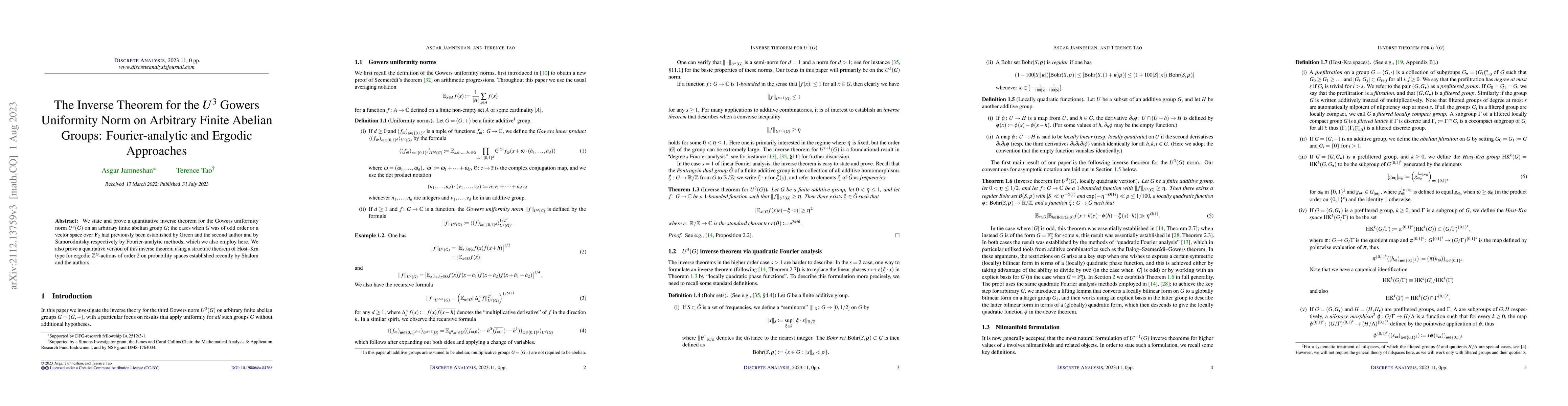 Thumbnail for The inverse theorem for the $U^3$ Gowers uniformity norm on arbitrary
  finite abelian groups: Fourier-analytic and ergodic approaches