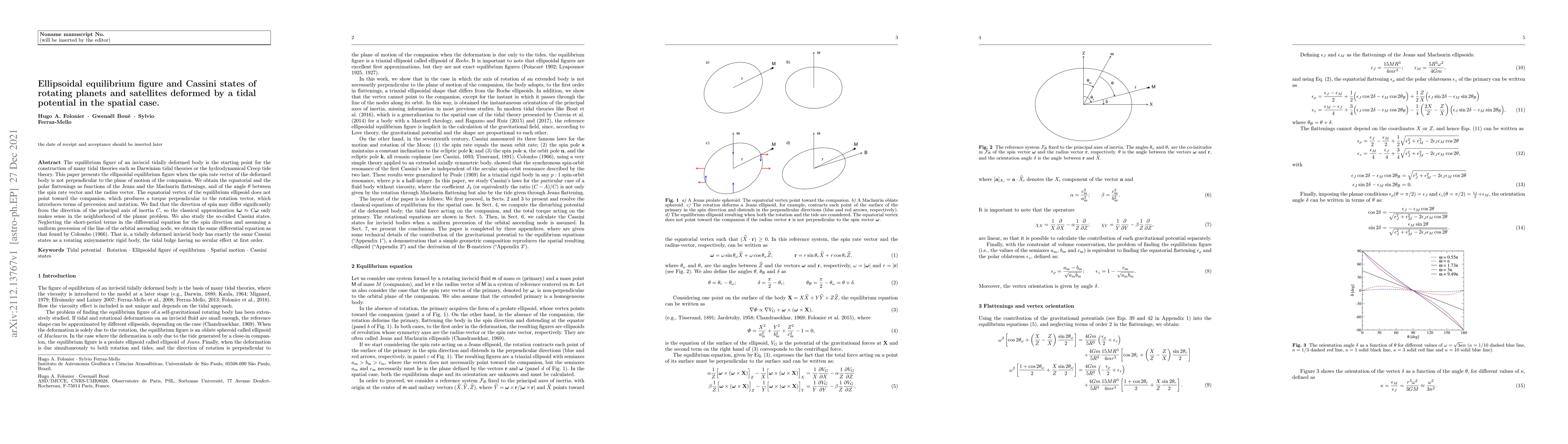 Thumbnail for Ellipsoidal equilibrium figure and Cassini states of rotating planets
  and satellites deformed by a tidal potential in the spatial case