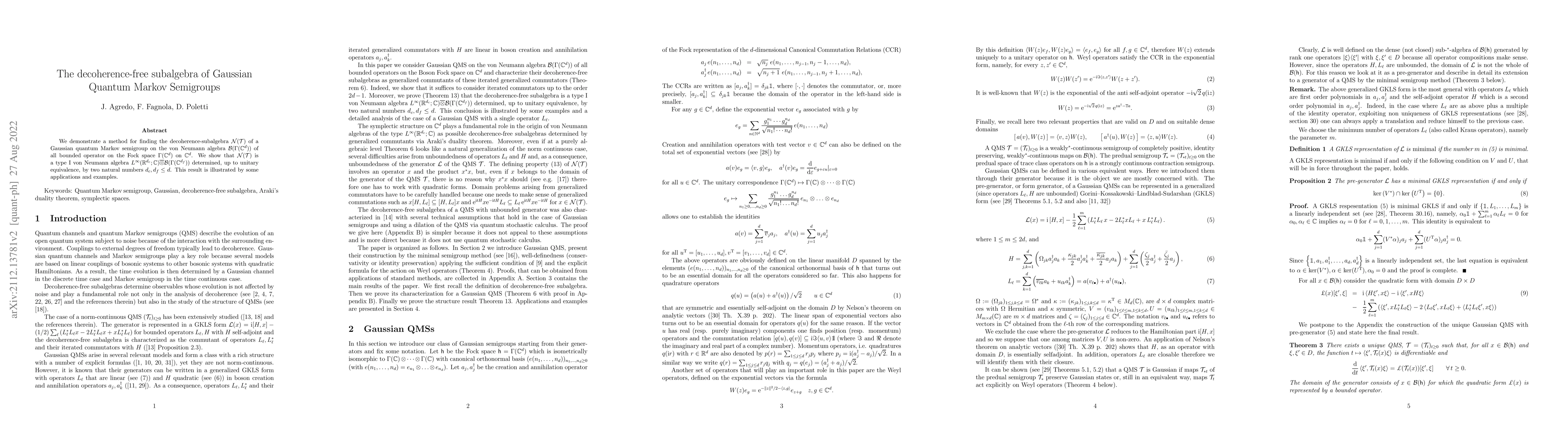 Thumbnail for The decoherence-free subalgebra of Gaussian Quantum Markov Semigroups