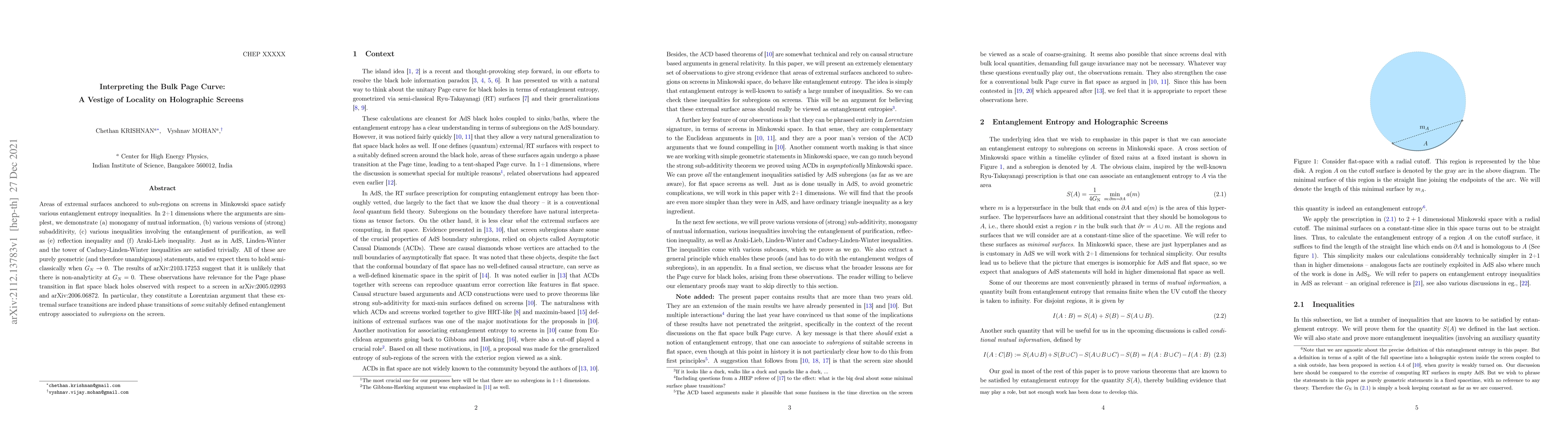 Thumbnail for Interpreting the Bulk Page Curve: A Vestige of Locality on Holographic
  Screens