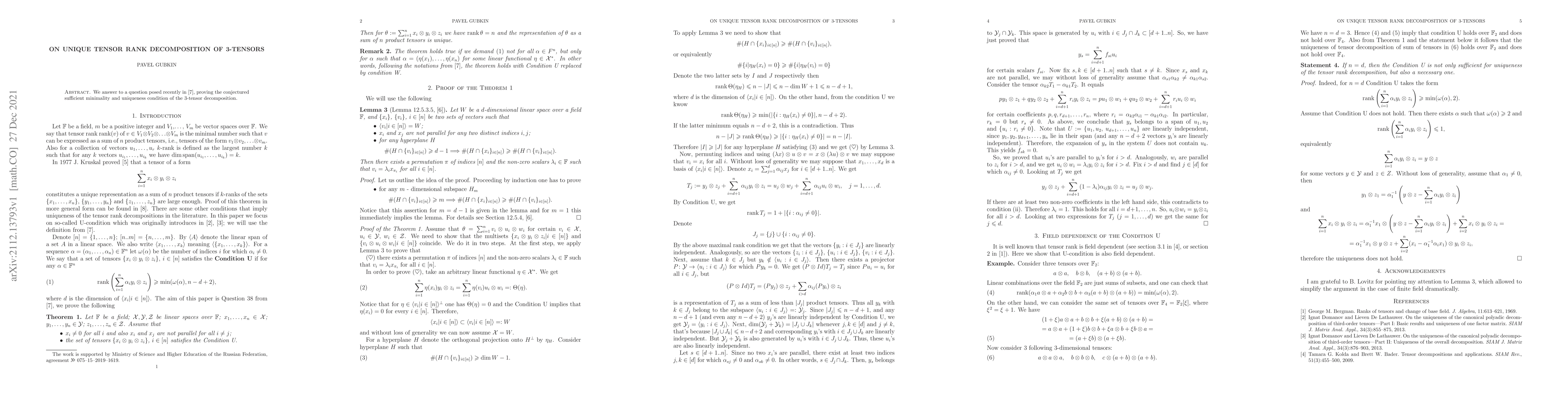 Thumbnail for On unique tensor rank decomposition of 3-tensors
