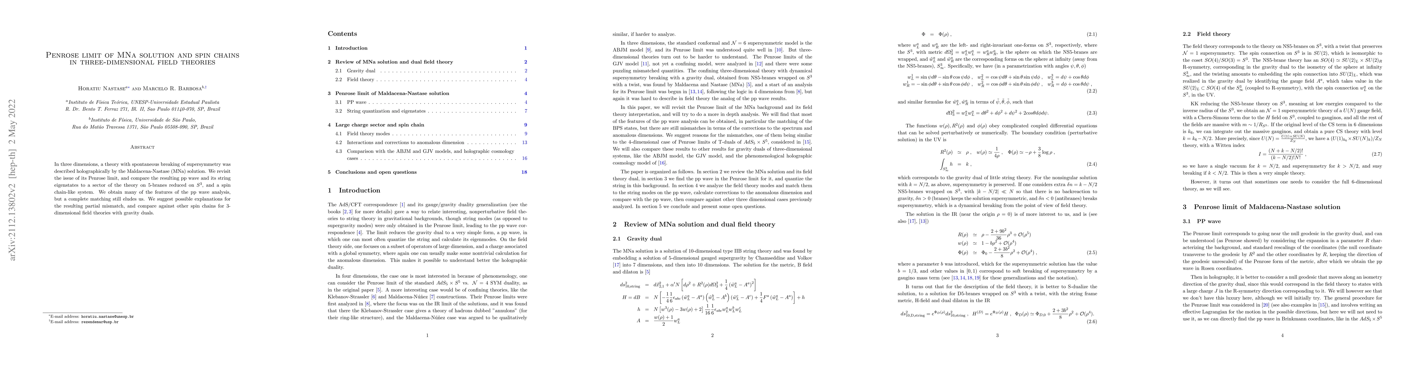 Thumbnail for Penrose limit of MNa solution and spin chains in three-dimensional field
  theories