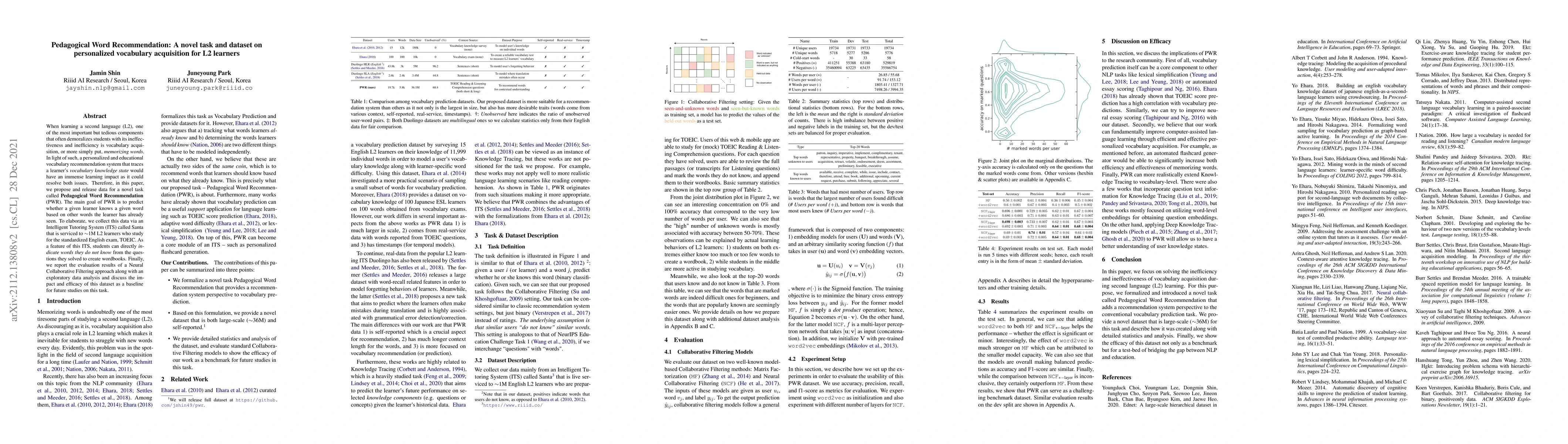 Thumbnail for Pedagogical Word Recommendation: A novel task and dataset on
  personalized vocabulary acquisition for L2 learners