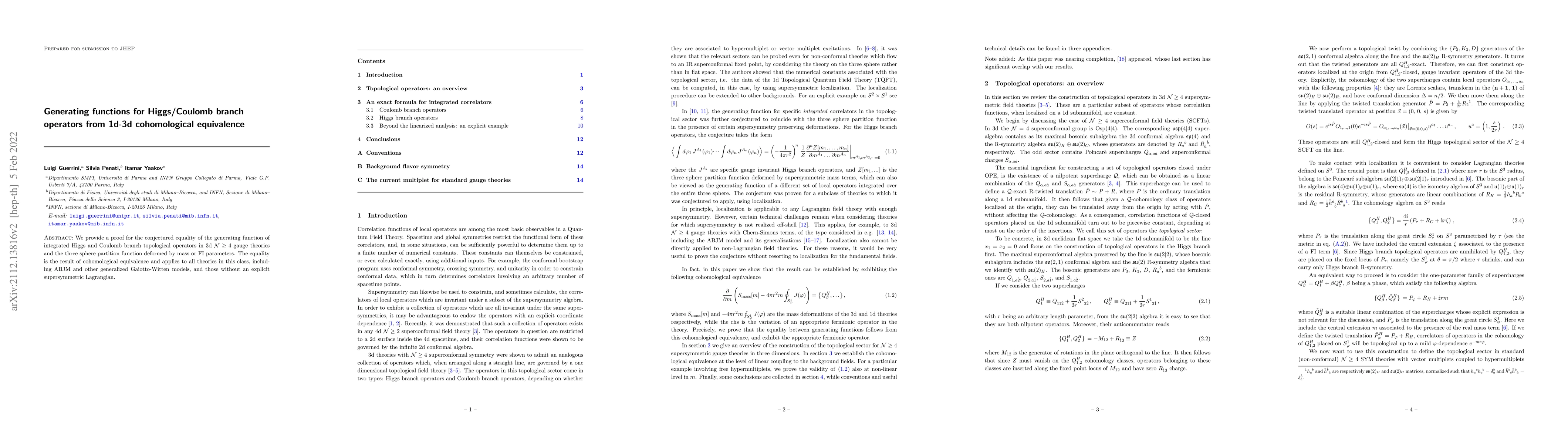 Thumbnail for Generating functions for Higgs/Coulomb branch operators from 1d-3d
  cohomological equivalence