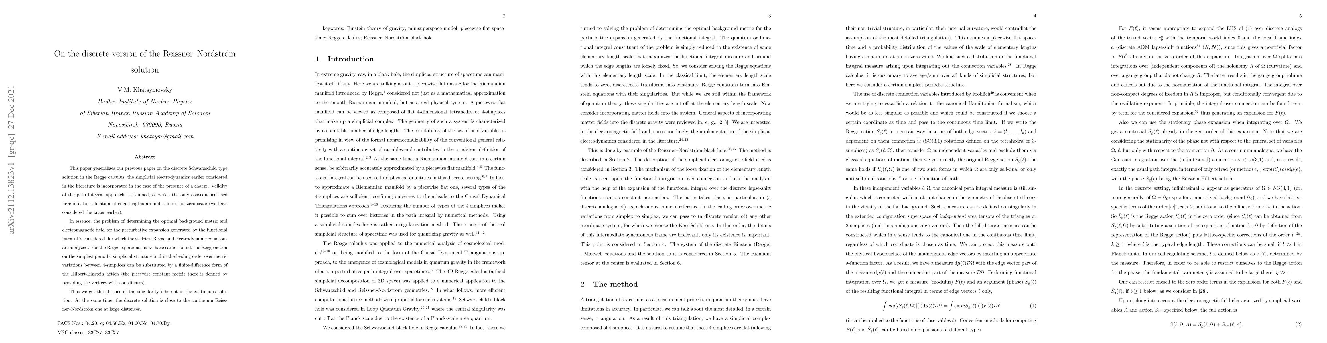 Thumbnail for On the discrete version of the Reissner-Nordstr\"om solution