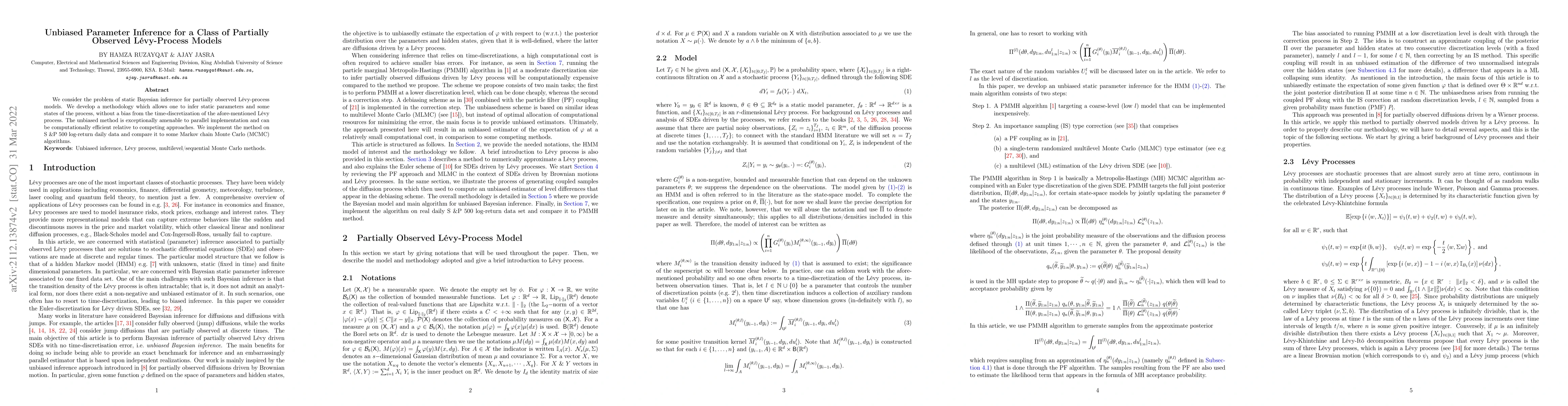 Thumbnail for Unbiased Parameter Inference for a Class of Partially Observed
  Levy-Process Models