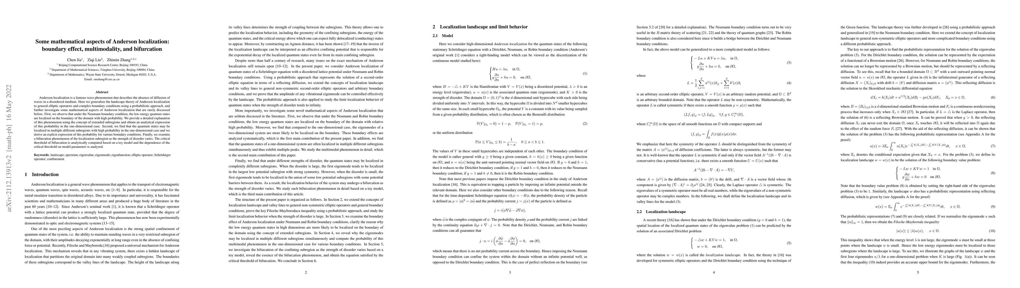 Thumbnail for Some mathematical aspects of Anderson localization: boundary effect,
  multimodality, and bifurcation