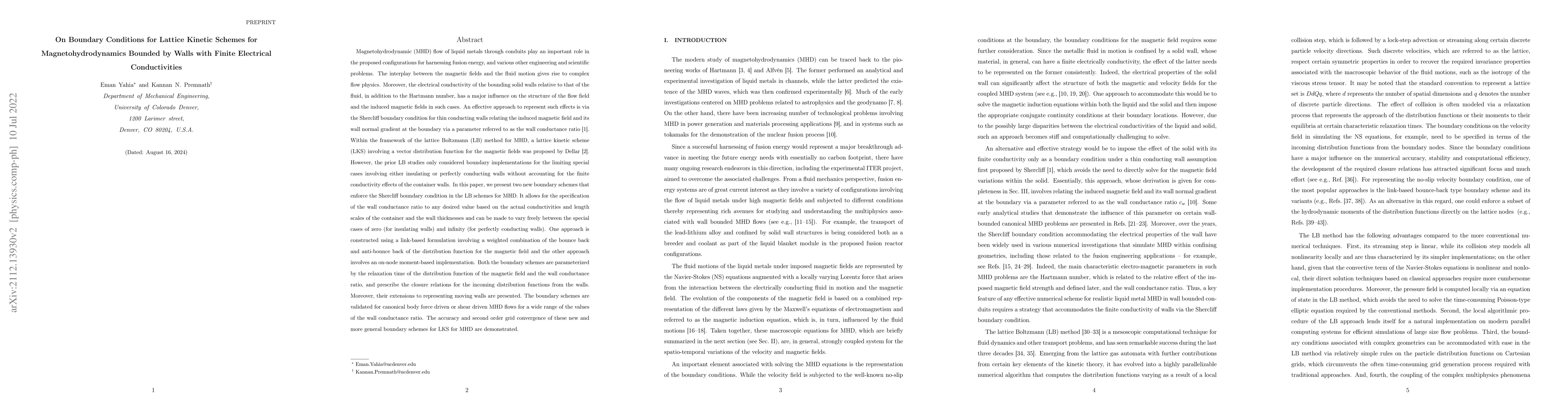 Thumbnail for On Boundary Conditions for Lattice Kinetic Schemes for
  Magnetohydrodynamics Bounded by Walls with Finite Electrical Conductivities