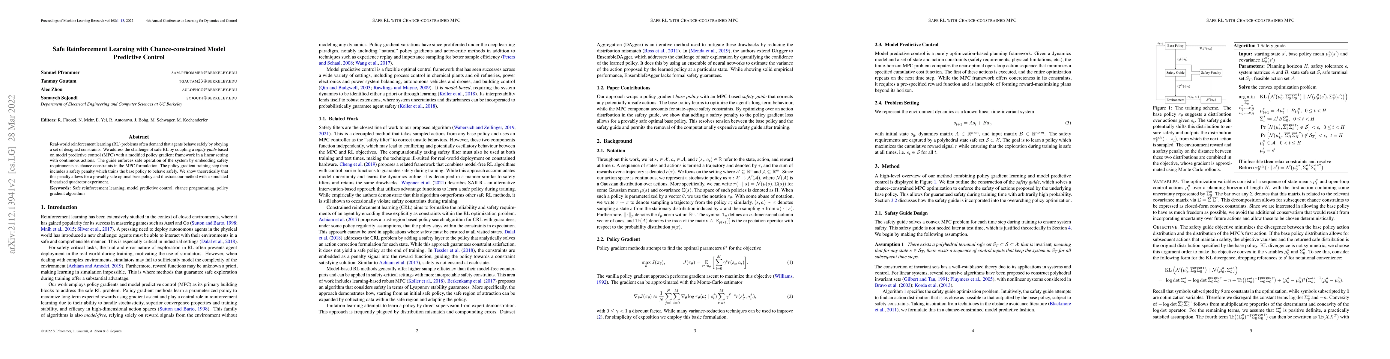 Thumbnail for Safe Reinforcement Learning with Chance-constrained Model Predictive
  Control