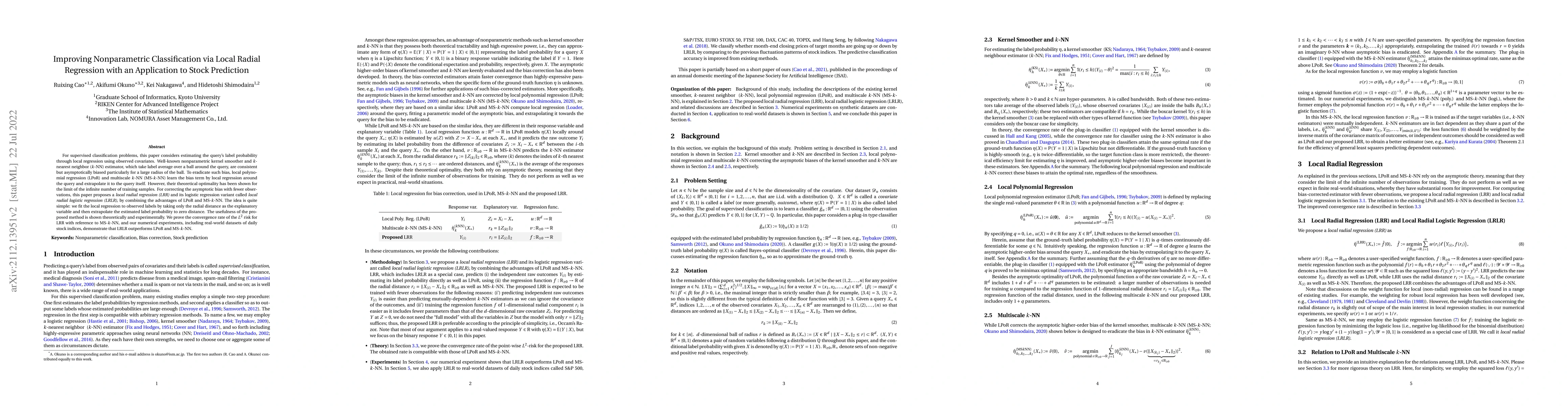 Thumbnail for Improving Nonparametric Classification via Local Radial Regression with
  an Application to Stock Prediction